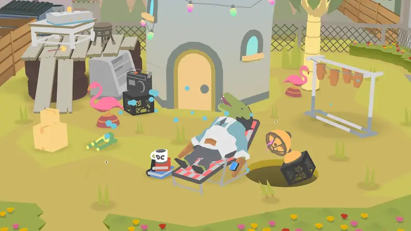 Desert town in Donut County with objects sliding toward a hole in the ground