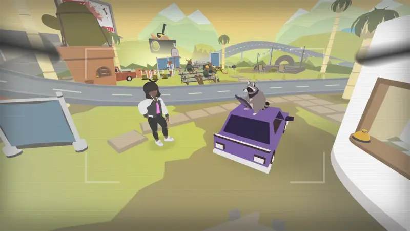 Later Donut County level with a hole swallowing larger objects near a house