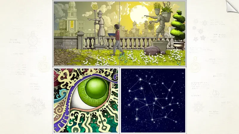 Four illustrated panels of Gorogoa arranged in a grid